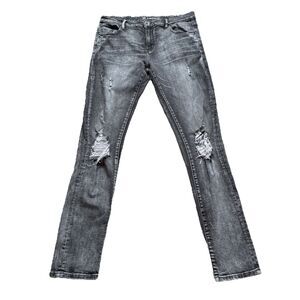 Crysp Denim Sz 36 Black Moto Distressed Denim Jeans Thrashed Stretch Skinny
